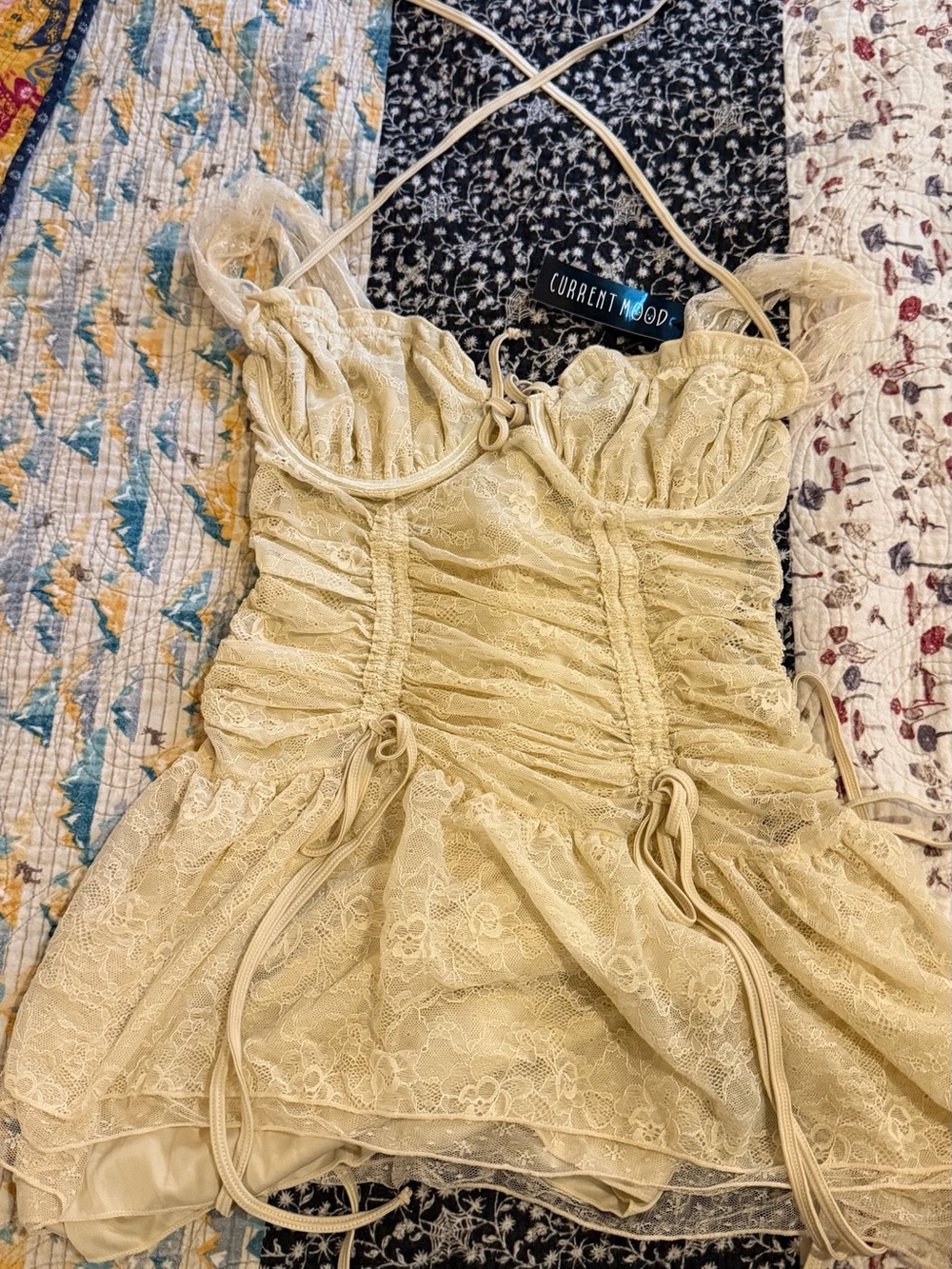 Current Mood Cream Lace Ruched Cami with Adjustable Ties